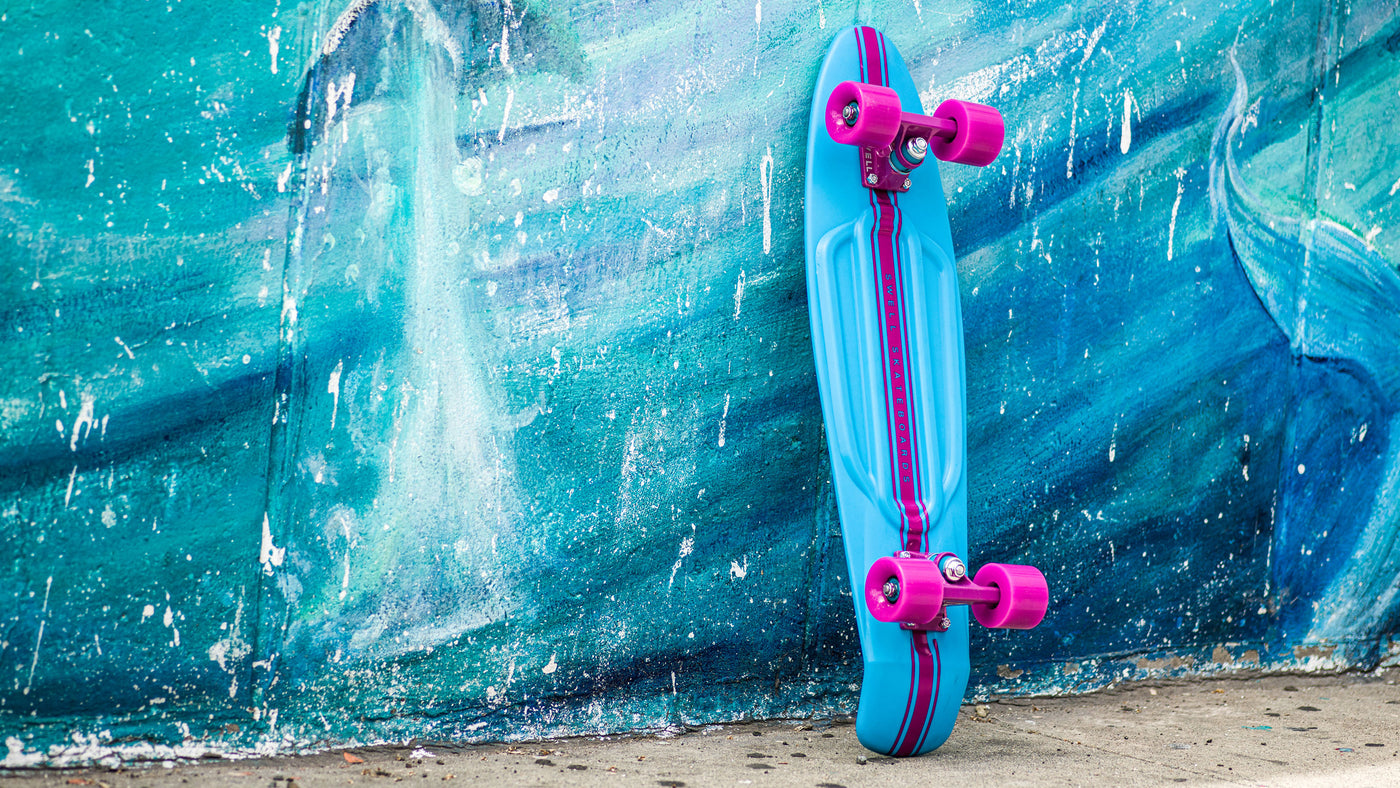 Sky blue & Pink color Skateboard stand with wall Banner